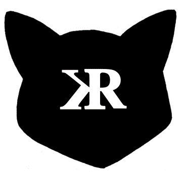 Dibujo de la silueta de la cabeza de un gato. En el centro aparecen las letras R y K. La K está invertida y el lado largo solapado con el lado largo de la R.